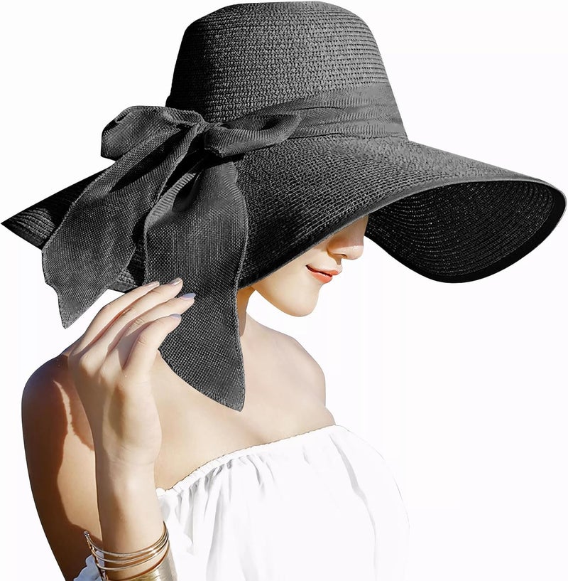 Lanzom Womens 5.7 Inches Big Bowknot Straw Hat Large Floppy Foldable Roll up Beach Cap Sun Hat UPF 50+ - Image 1